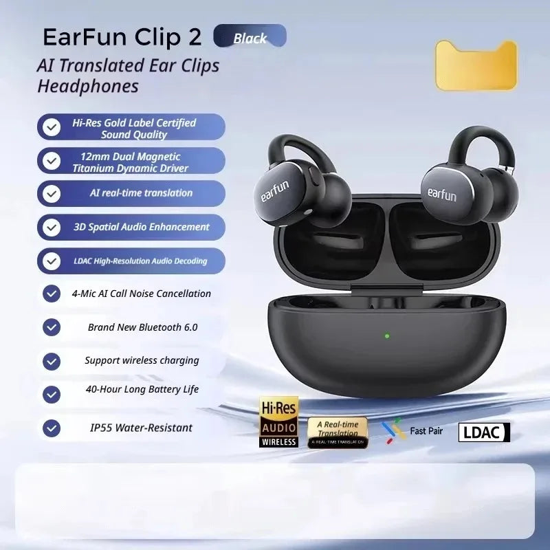 EarFun Clip 2 Open Ear Sport Bluetooth Earphones Hi-Res Sound AI Translation IP55 Waterproof Long Battery Life for Outdoor