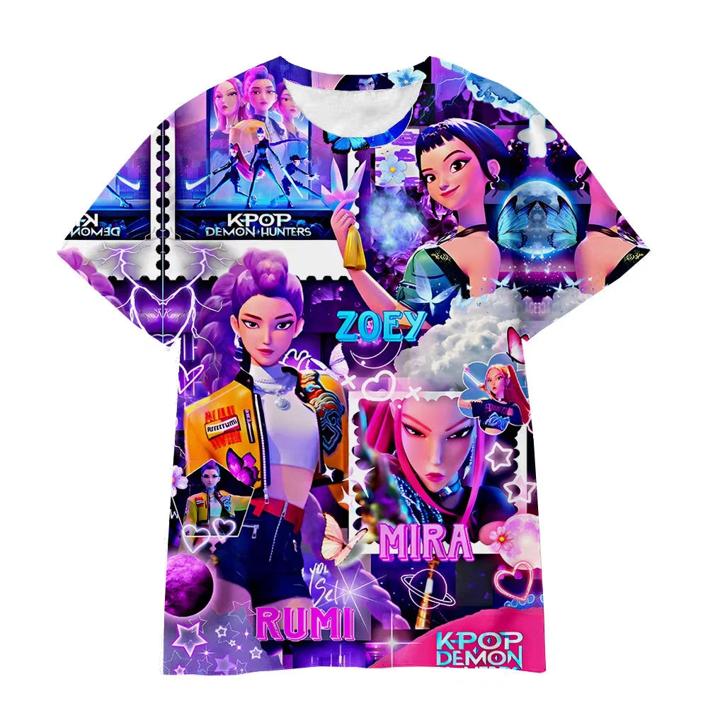 2026 New Girls KPOP Print Short Sleeve T-Shirt Cute Cartoon Graphic Tee Kids Summer 3D Printed Breathable Comfortable Casual Top
