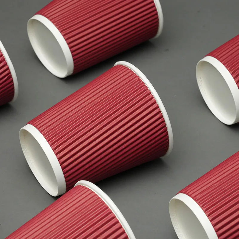 30pcs 8oz  Double-Walled Insulated Corrugated Cardboard Coffee Cups Thickened Disposable Striped Portable Paper Cups With Lids