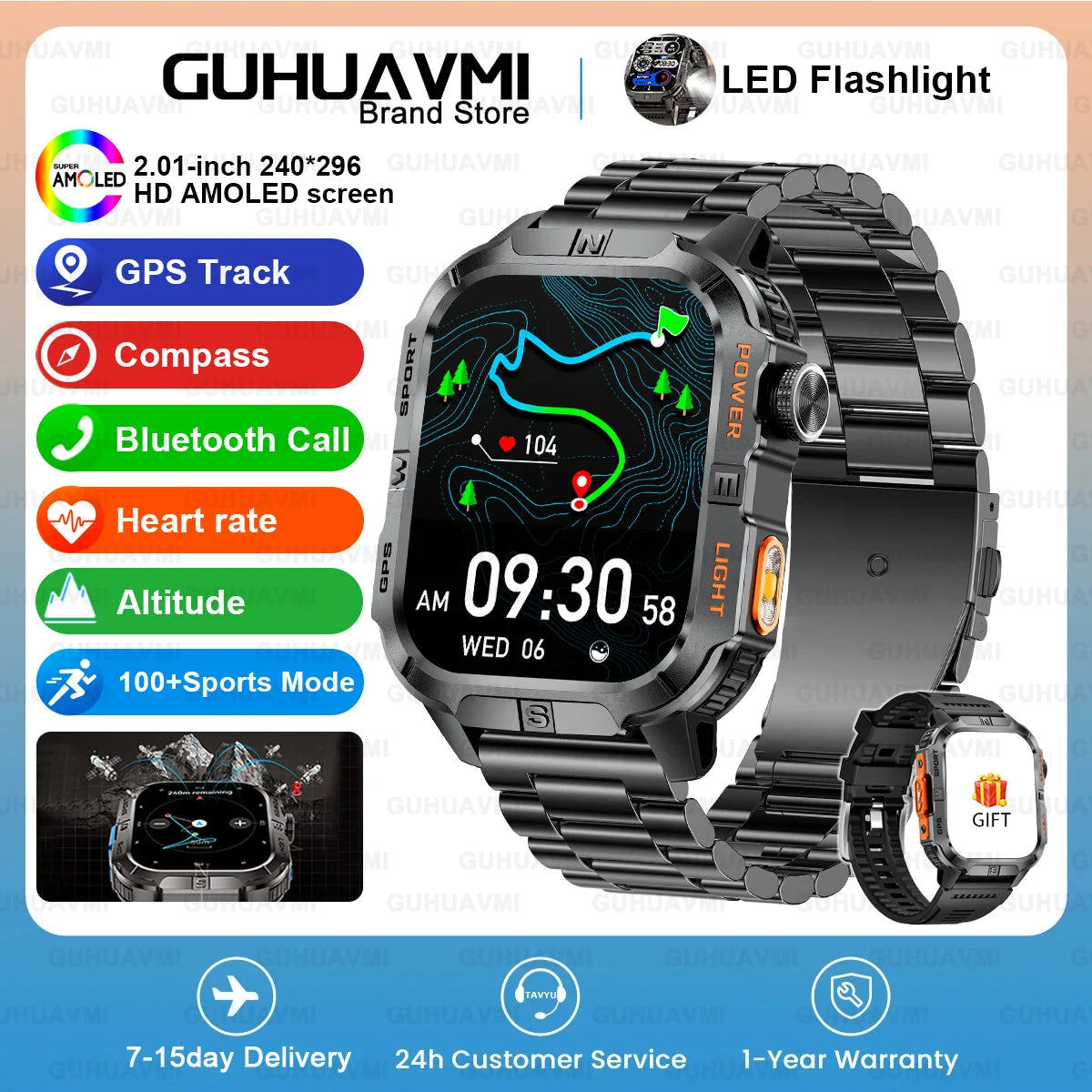 New Dual-Band Satellite GPS Smart Watch Men 2.01'' HD Screen Compass Military Flashlight Watches Waterproof Swim Smart Bracelet
