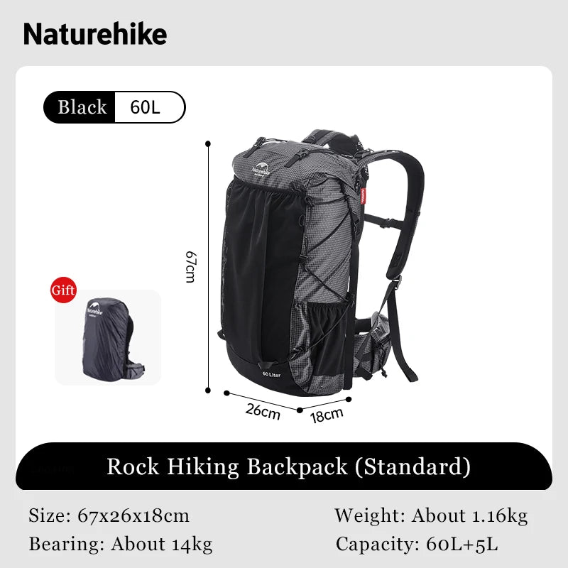 Naturehike Climbing Backpack 60+5L Camping Backpack Travel Bag Large Capacity Military Mountaineering Backpack With Rain Cover