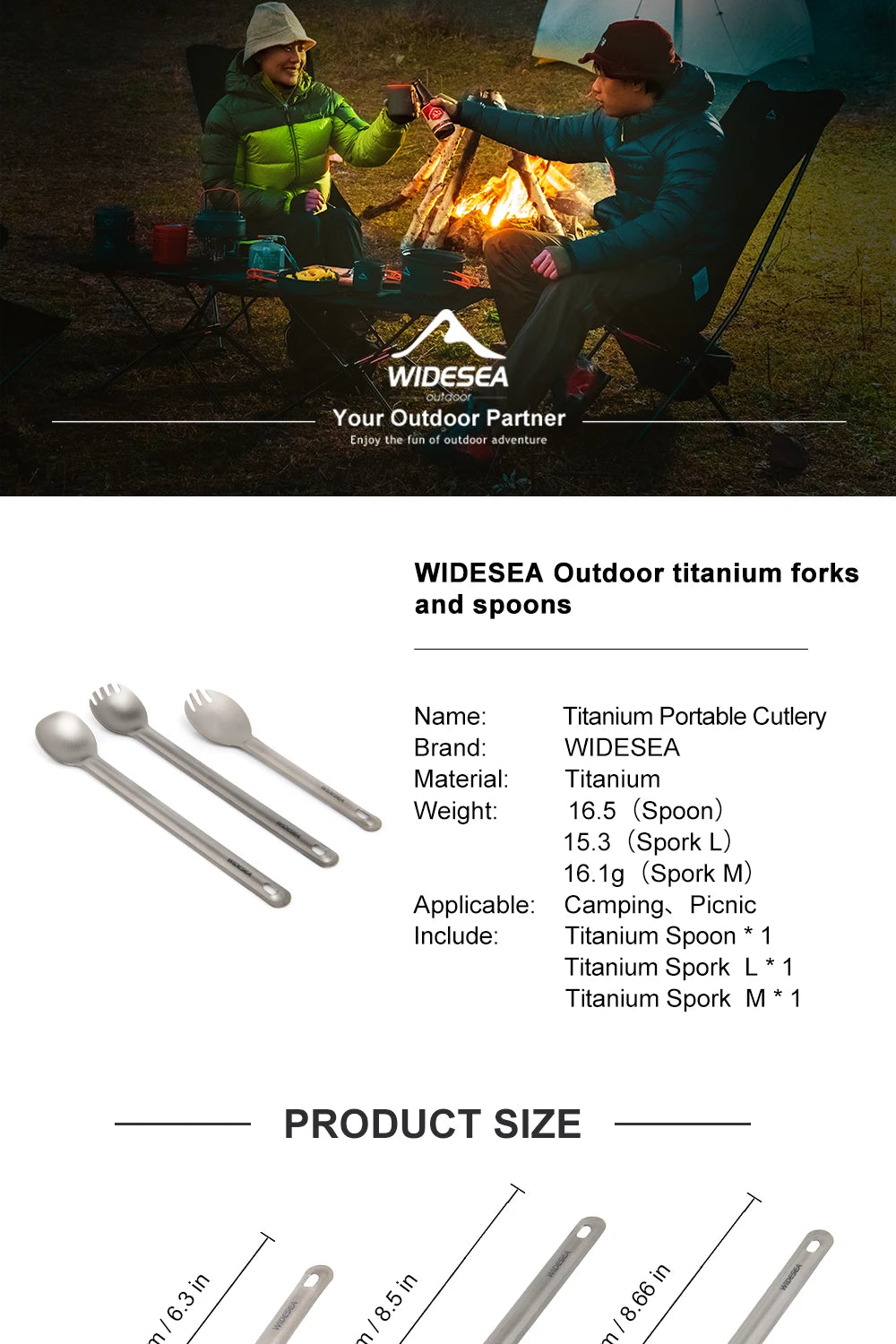 Widesea Camping Titanium Spork  Spoon Outdoor Lightweight Fork Tableware Portable Picnic Hiking Travelling Ultralight Dinnerware