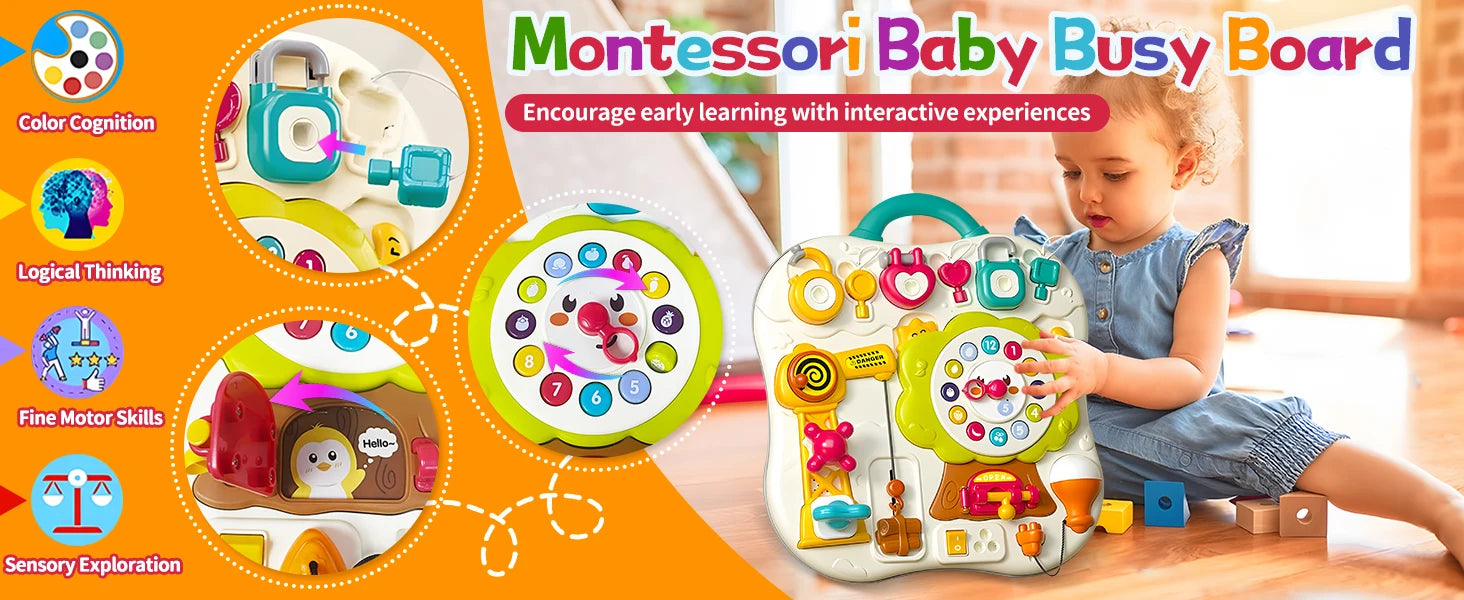 I YAN Montessori busy board for toddlers features sensory activities, music, LED lights, perfect for 2+ year old boys and girls.