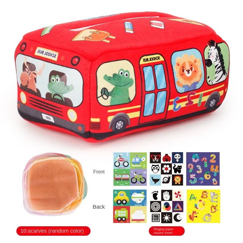 Baby Montessori Magic Tissue Box by I YAN, sensory learning toy for fine motor skills, featuring colorful tissue box with textured surfaces.