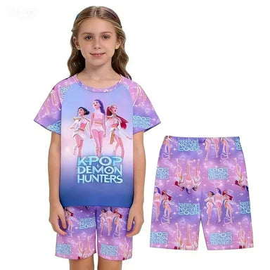 2026 Hot Selling New T-shirt Set for Girls' Summer Clothing with Printed Design, Cartoon Fashion, Comfortable Children's Set