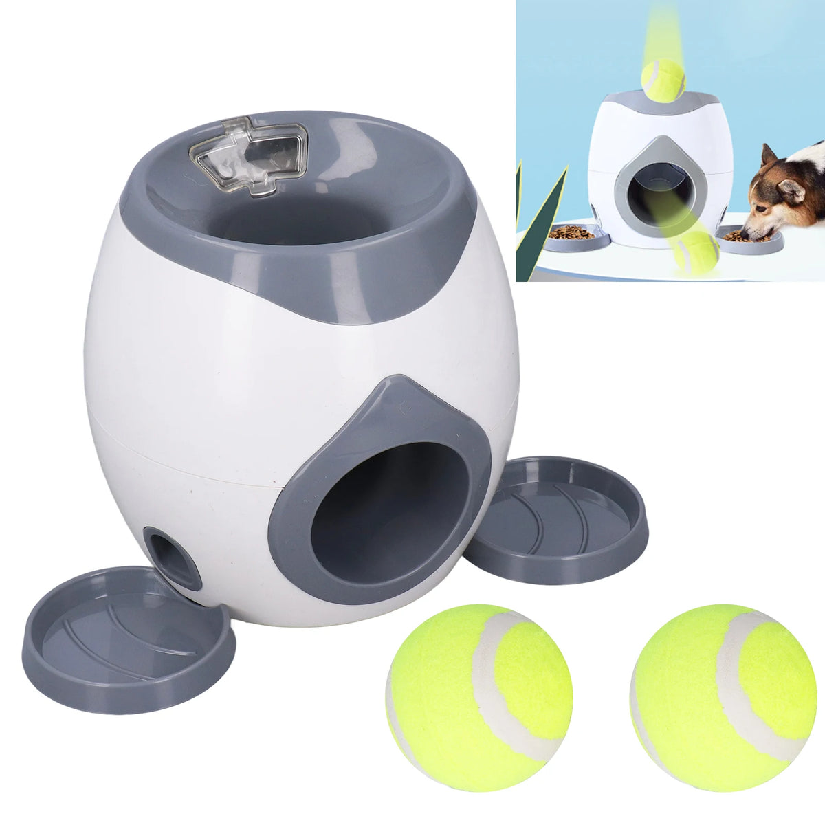 Dog tennis ball feeding machine by I YAN, featuring an interactive training toy with two tennis balls for dogs.