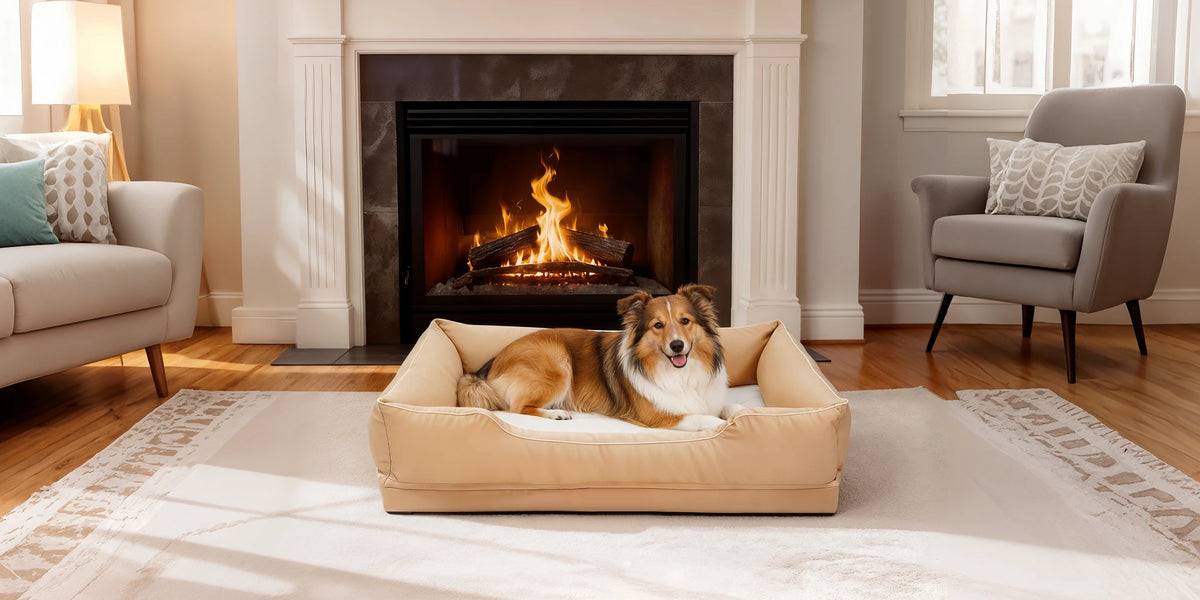 Orthopedic dog bed in M/L/XL/2XL/3XL sizes with Oxford bolster, waterproof lining, foam base, and removable cover for pets.