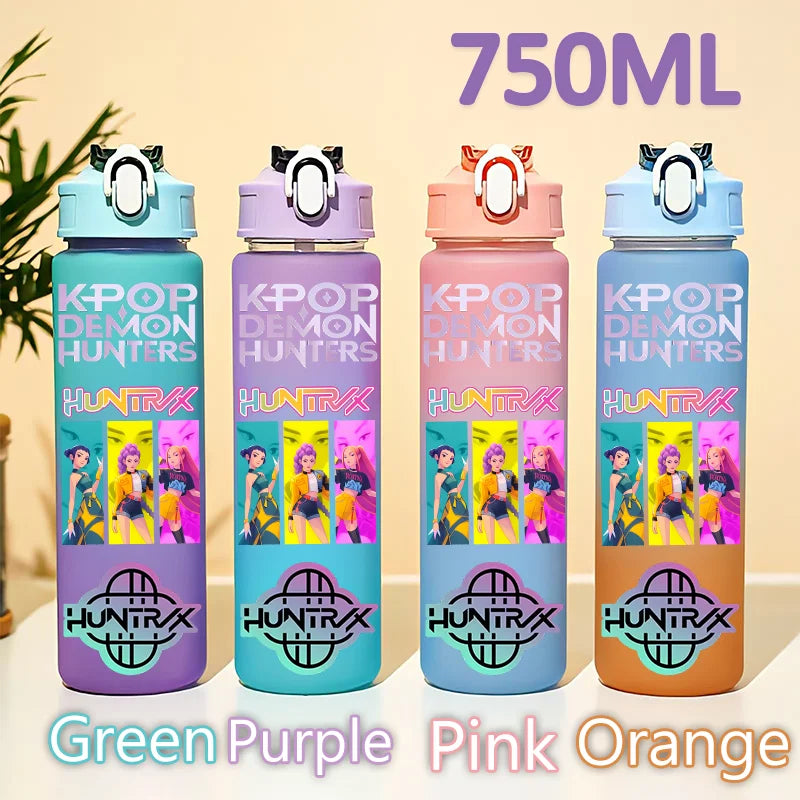 kpop 750ML Demon Hunters Bottle Gourde Gradient Color Water Cup Plastic Drinking Cup gradient straw cup gift