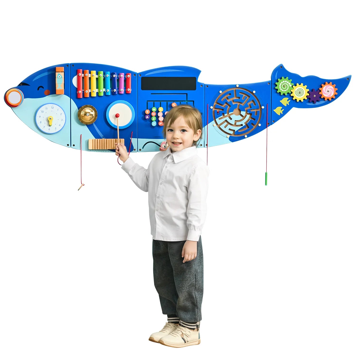 Orca Kids wall busy board by I YAN featuring 12 sensory activities for toddlers, includes hanging panels for Montessori sensory learning.