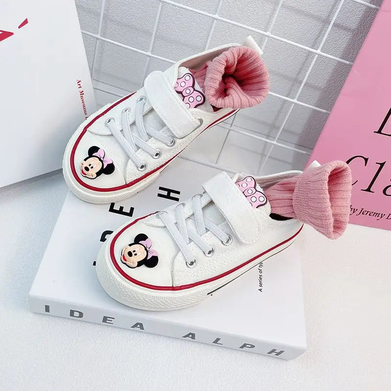 Disney Girls' Canvas Casual Shoes Soft Sole High Top Cartoon Mickey Mouse Minnie Purple White Breathable Shoes Flats Size 24-37