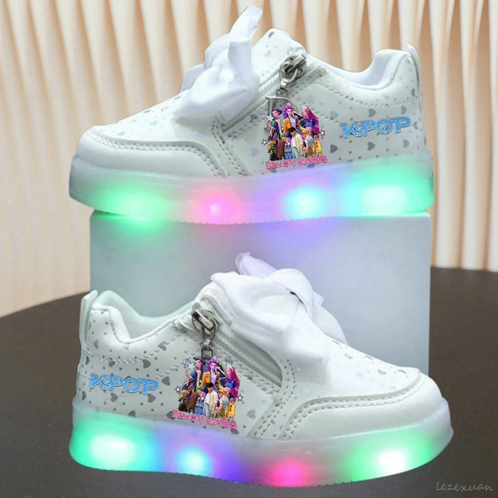 LED Casual Sneakers For Spring Girls KPop Demon Hunters Printed Mesh Breathable Shoes Children Lighted Non-slip Pink Purple