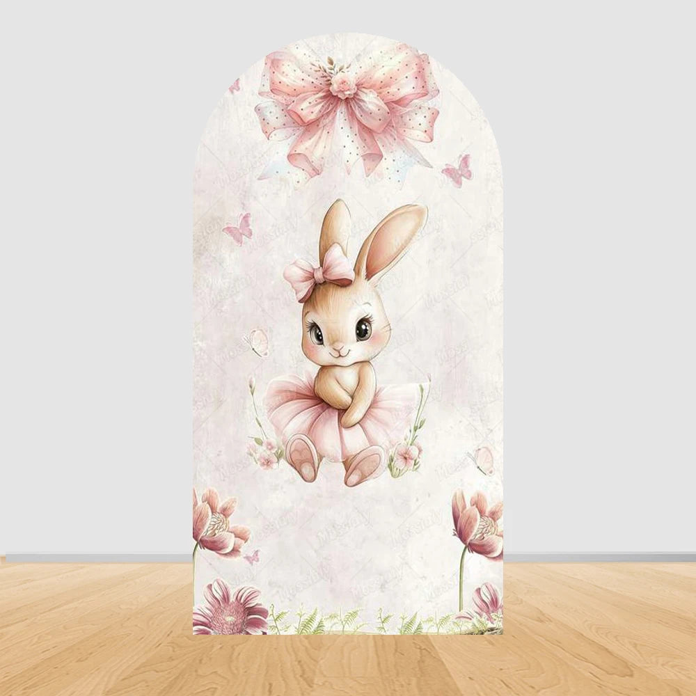 Pink Floral Bowknot Bunny Rabbit Arch Backdrop Cover Girl's Birthday Sweetheart Party Decor Photo Photography Background Props