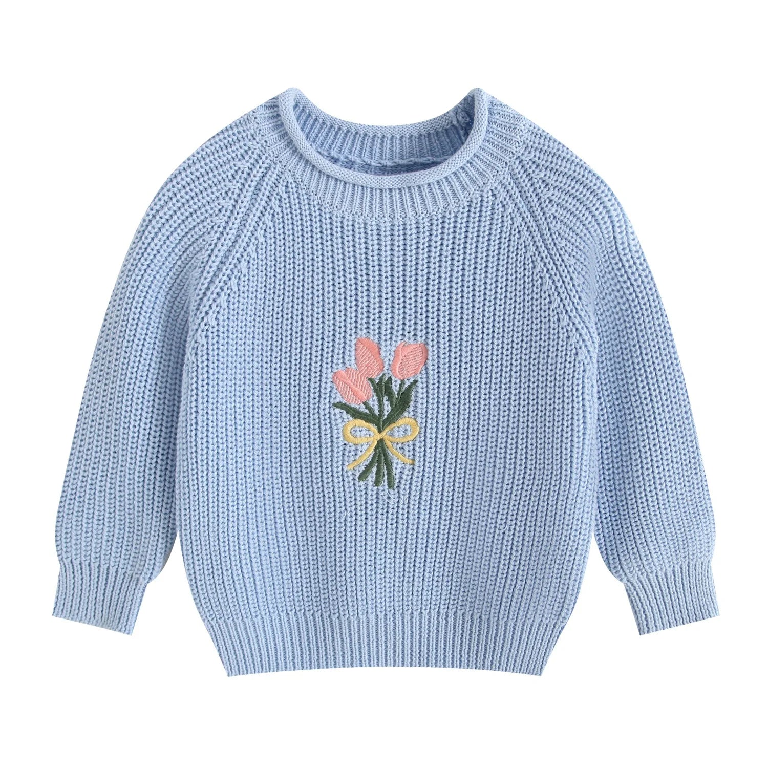 Girl Cotton Knit Pullover Embroidered Tulip Flower Sweater 2026 Spring Autumn 0-5Y Children Long Sleeve Clothing