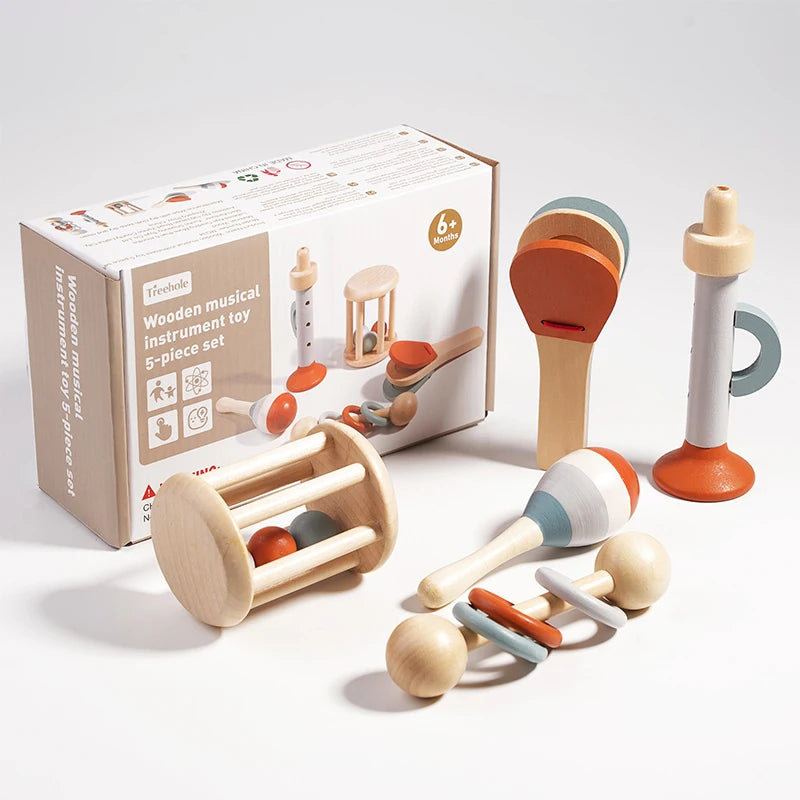 I YAN 5-piece baby musical instrument set with colorful rattles and percussion toys for early sensory development and learning.