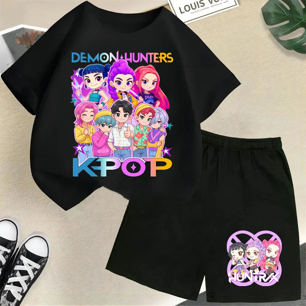 KPop Demon Hunters Saja Boys Kids T-Shirt – Cartoon Print Round Neck Casual Top (2pcs Set) - I YAN