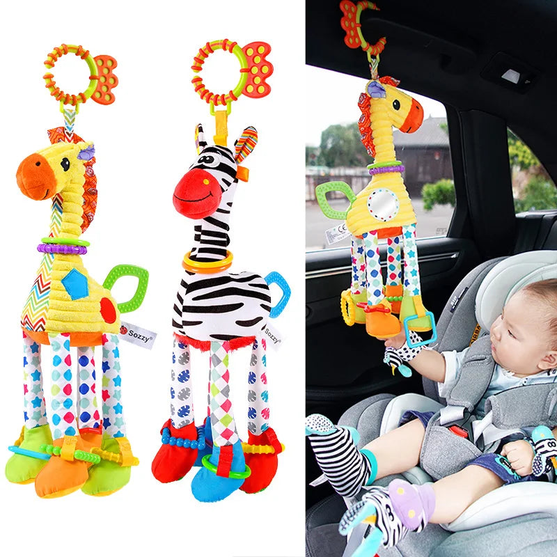 Soft giraffe and zebra plush handbells and rattles for infants, with teether and handle, ideal for baby development and newborn gifts.