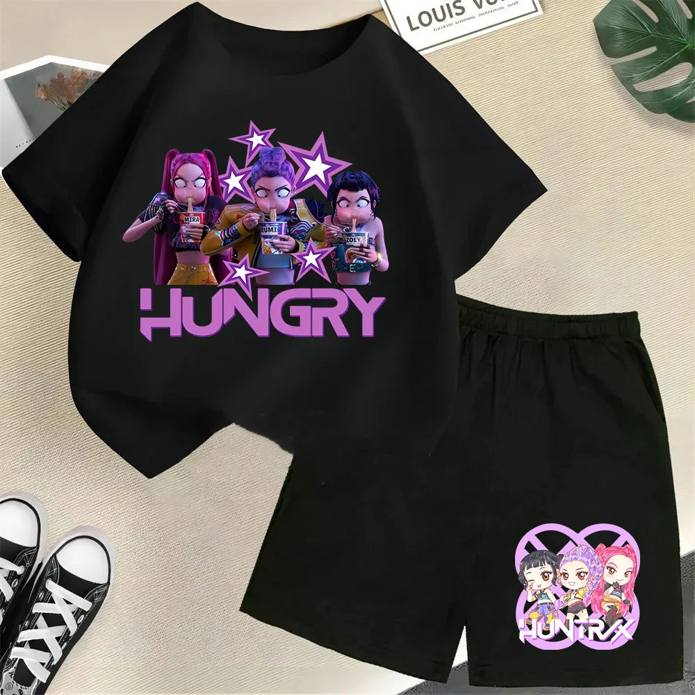 KPop Demon Hunters Saja Boys Kids T-Shirt – Cartoon Print Round Neck Casual Top (2pcs Set) - I YAN