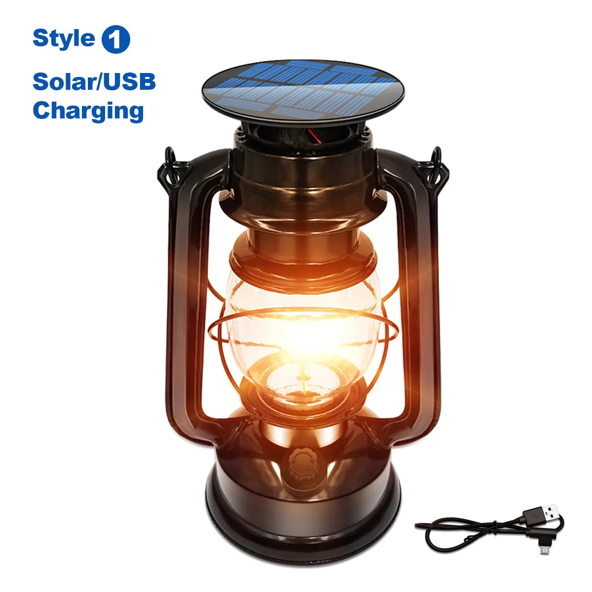 LED Solar Vintage Lantern Outdoor Hanging Metal Antique USB Charging Solar Light for Garden Yard Decor Or Camping Hiking