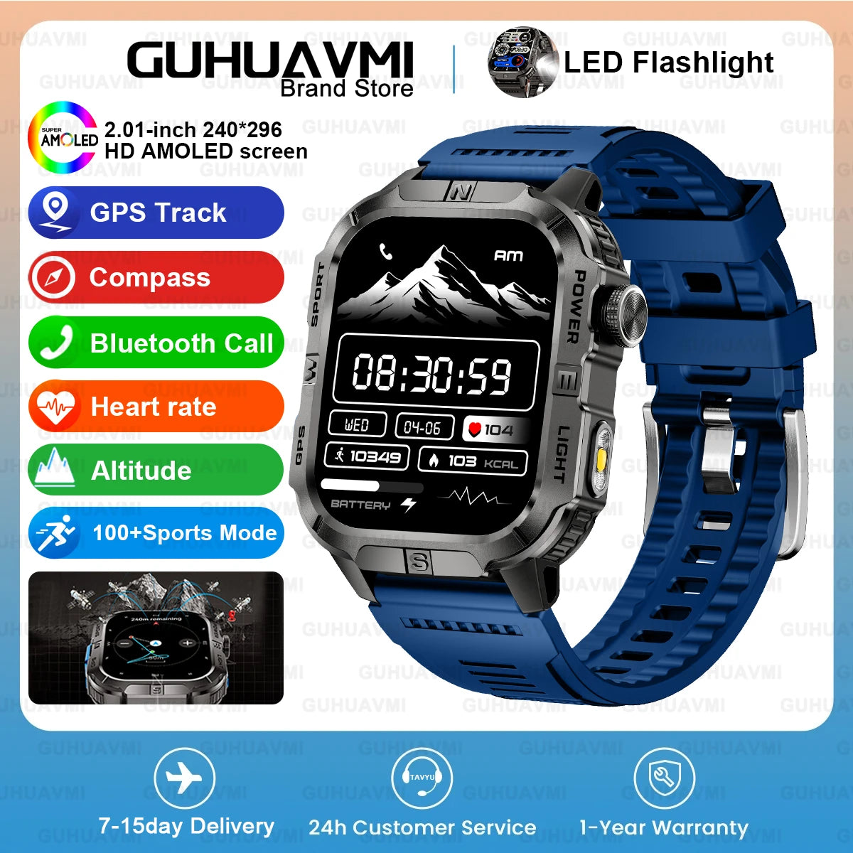 New Dual-Band Satellite GPS Smart Watch Men 2.01'' HD Screen Compass Military Flashlight Watches Waterproof Swim Smart Bracelet
