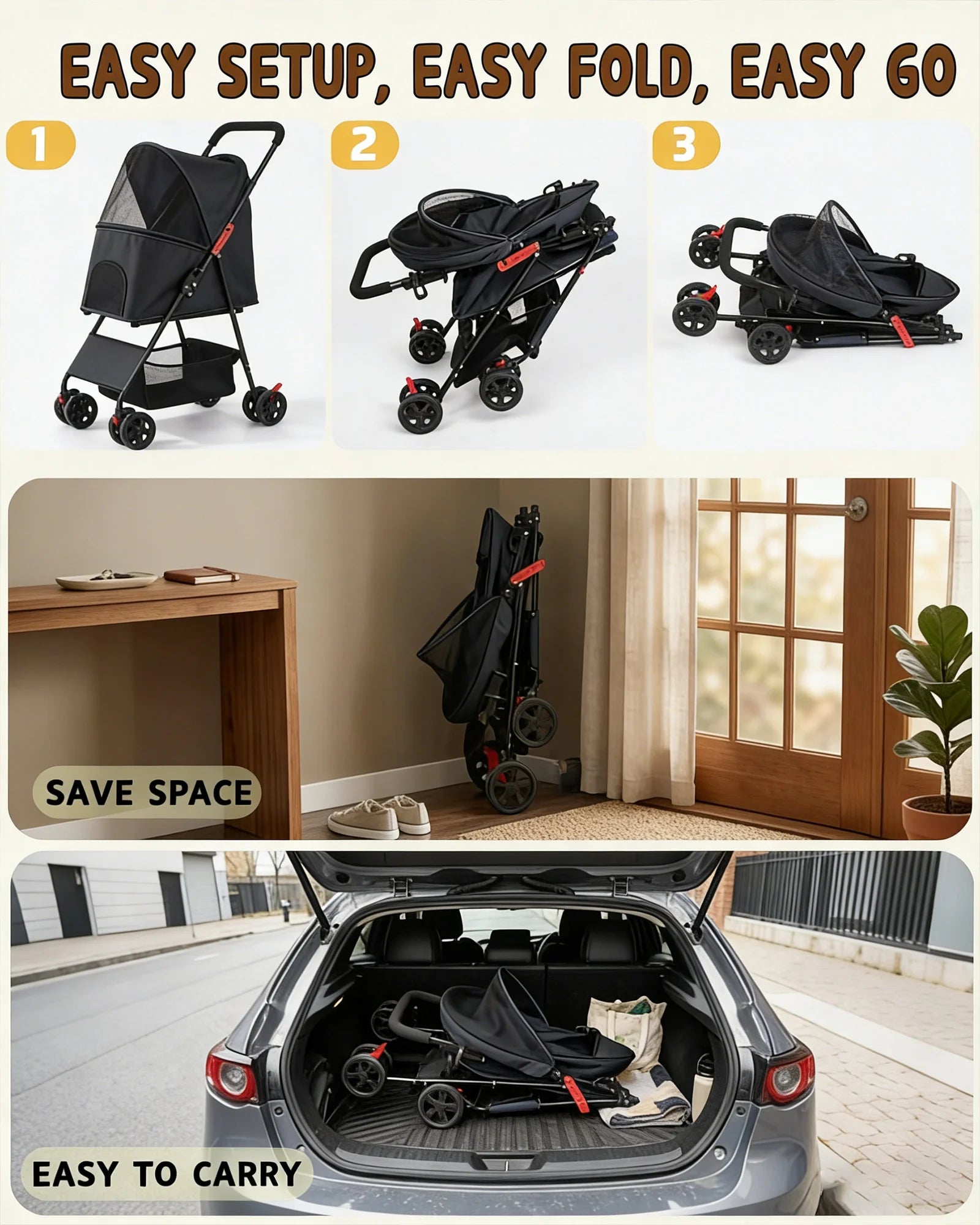 Lightweight Pet Stroller for Small Dogs Foldable 4 Wheel Dog Cat Stroller Portable Travel Pet Pram with Storage Basket