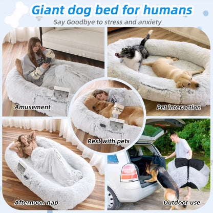Grey Ye Human Dog Bed by I YAN with washable faux fur, orthopedic design, large 71x45x14-inch size for humans and pets.
