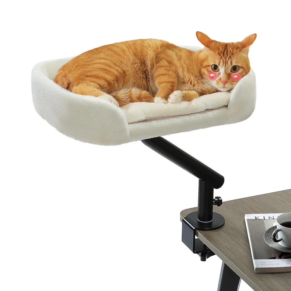 I YAN cat desk bed with a soft, adjustable hammock and 360° rotatable stand, perfect for indoor cats to relax on a desk.