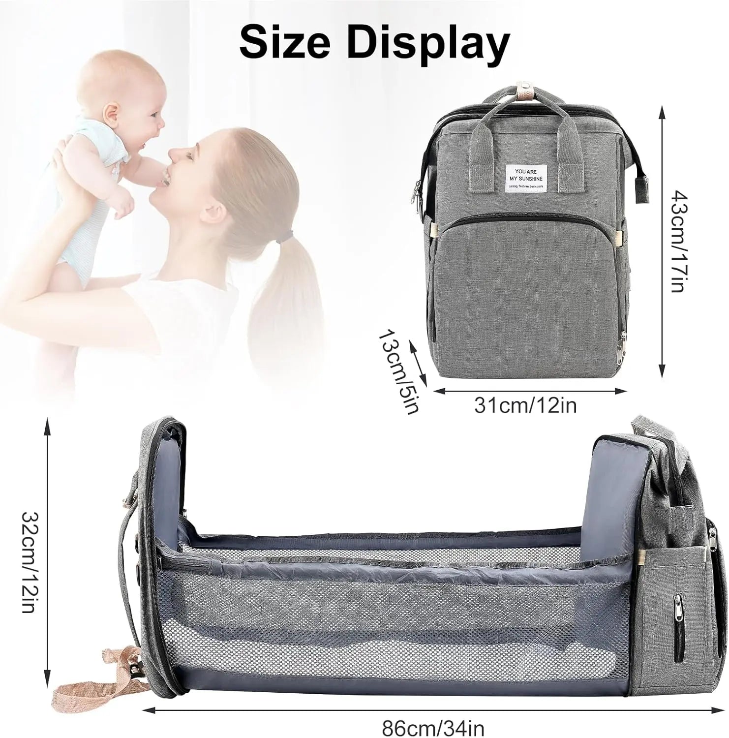Baby Changing Nappy Bag with Changing Mat Large Capacity for Mum Waterproof Portable Backpack Foldable Bed Stroller StrapsTravel
