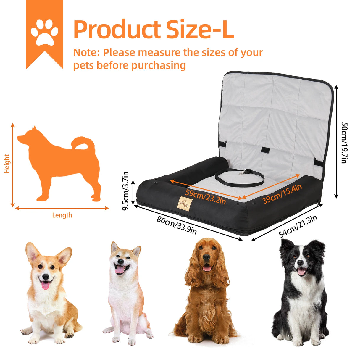 Waterproof I YAN dog car seat bed with removable cushion, safety belt, and three size options for comfortable pet travel.
