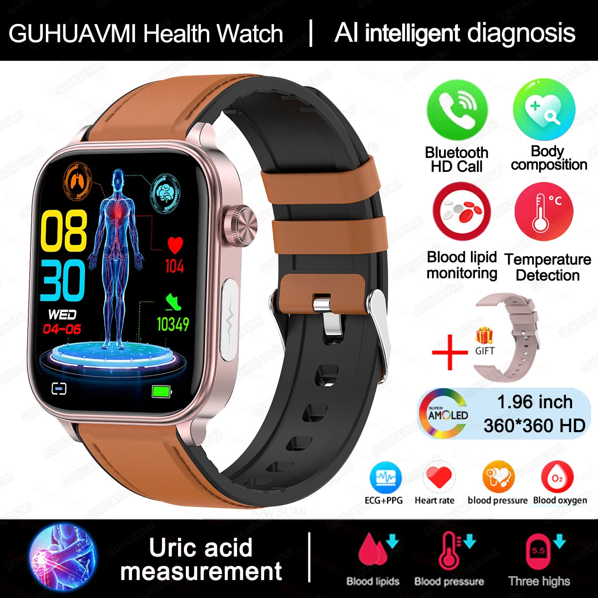 ECG+PPG Monitoring Smart Watch Women Blood pressure Blood Lipid Uric Acid Women Menstrual Health Tracker Smartwatches