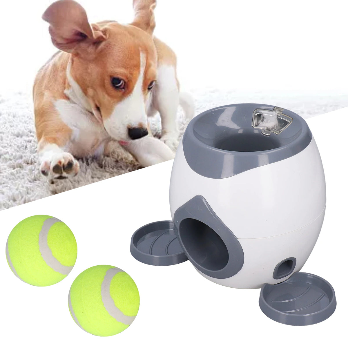 Dog tennis ball feeding machine from I YAN with two tennis balls, an interactive training toy for dogs.