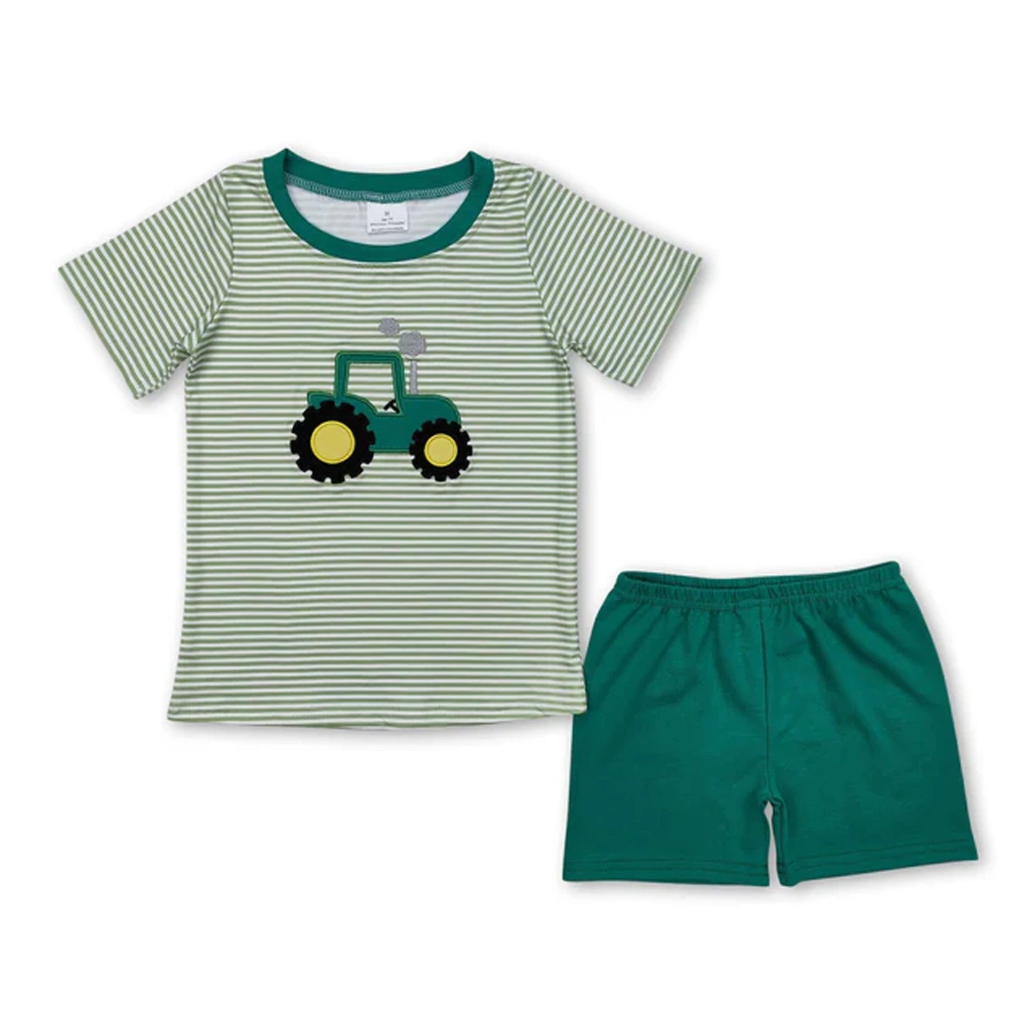 Toddler boy summer outfit with printed short sleeve T-shirt and elastic waist shorts from I YAN, matching kids' set.