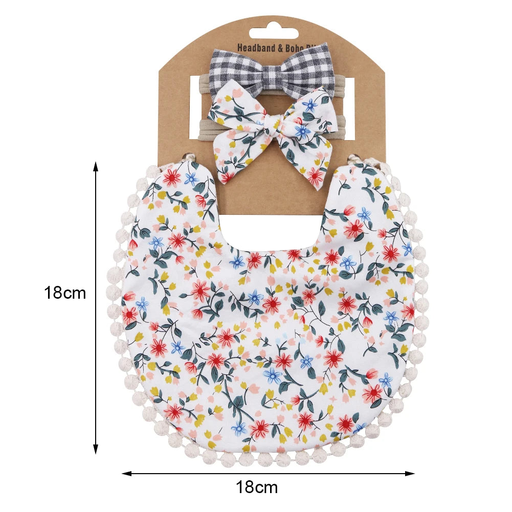 Set of 3 baby bibs, cotton linen with flower print, includes elastic nylon headbands, saliva towels, and feeding bandanas by I YAN.