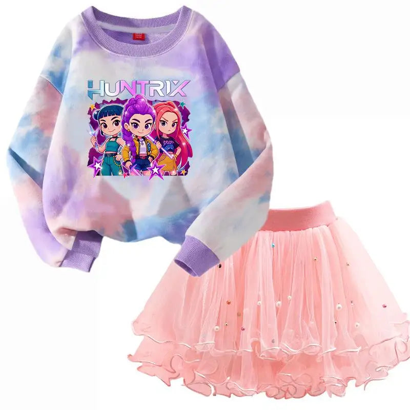 K-Pop Hunters Zoey Mira Rumi Children Sweaters Girls Tie-dye Sweatshirt Pink Pullovers Kids Tops Tulle Princess Dresses Suit