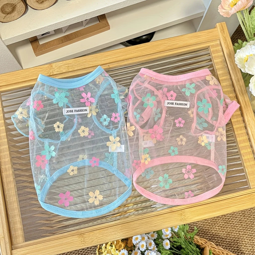 I YAN summer floral mesh dog cat shirt in four colors, lightweight, breathable pet vest with cute flower print for small dogs and cats.
