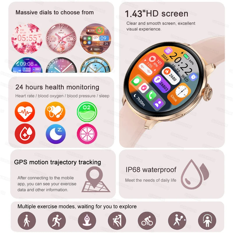 2026New Lady women Fashion Smart Watch Bluetooth Call Blood oxygen Health GPS Sport Outdoor Smartwatch for Women AMOLED Screen