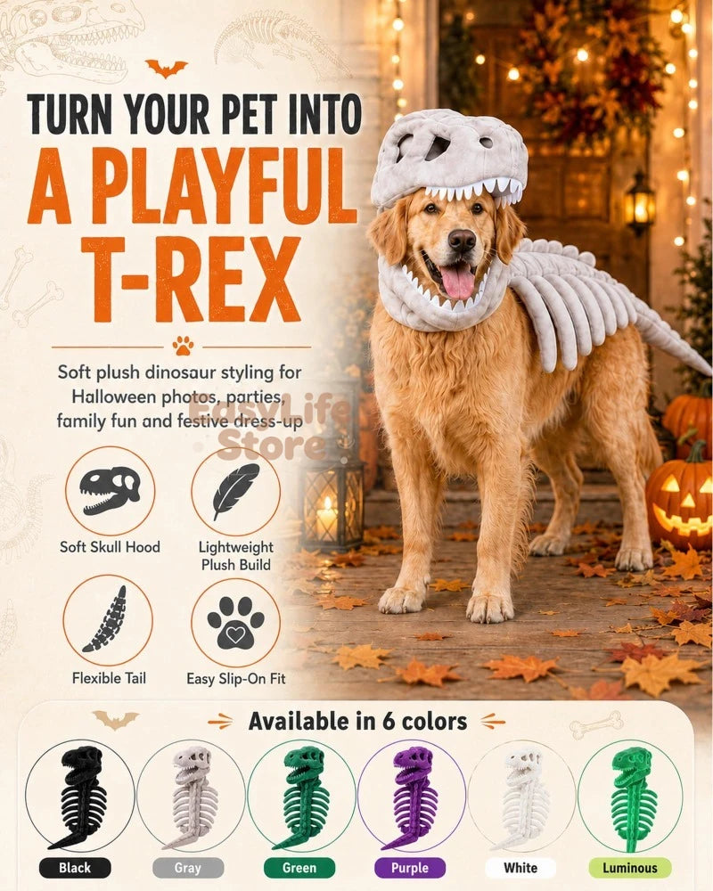 3D plush T-Rex dinosaur pet costume for cats and dogs, featuring bright green plush fabric and detailed dinosaur design.