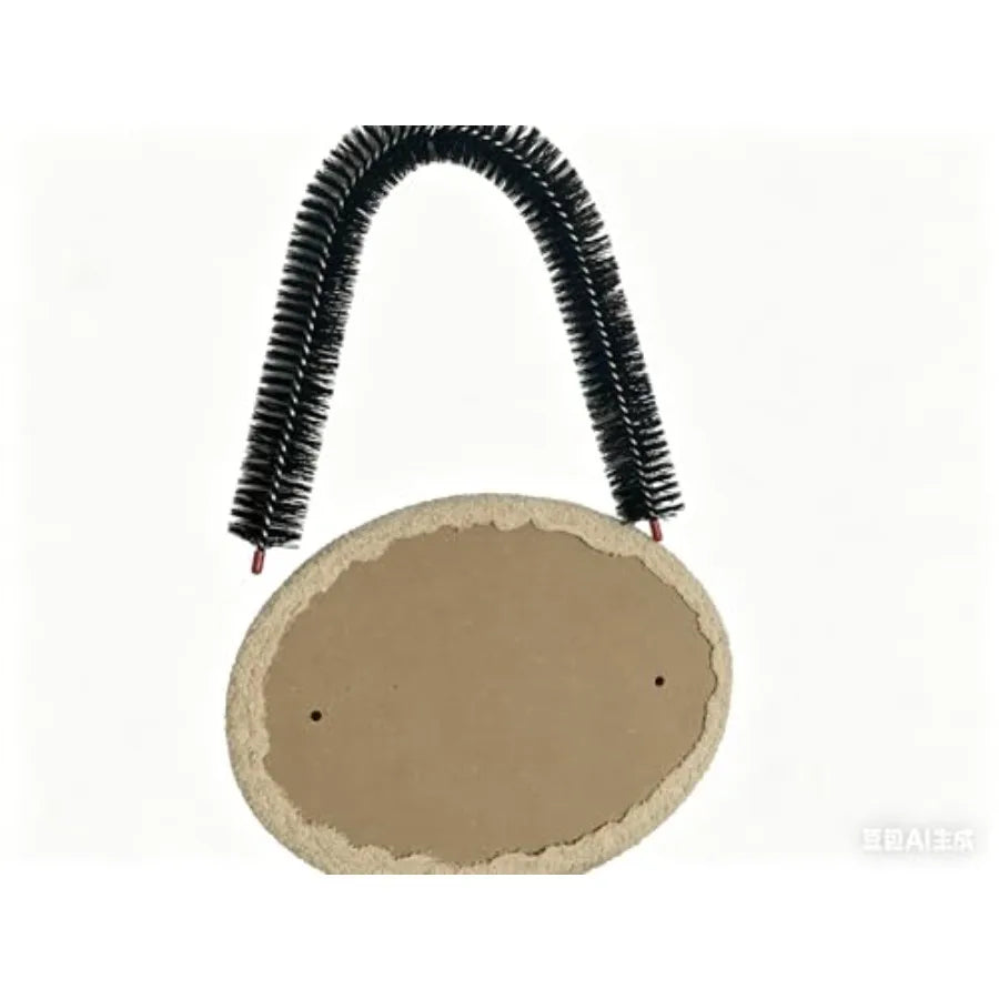I YAN cat arch grooming brush with solid wood scratching post, mini mouse toy, and self-grooming features for cats.