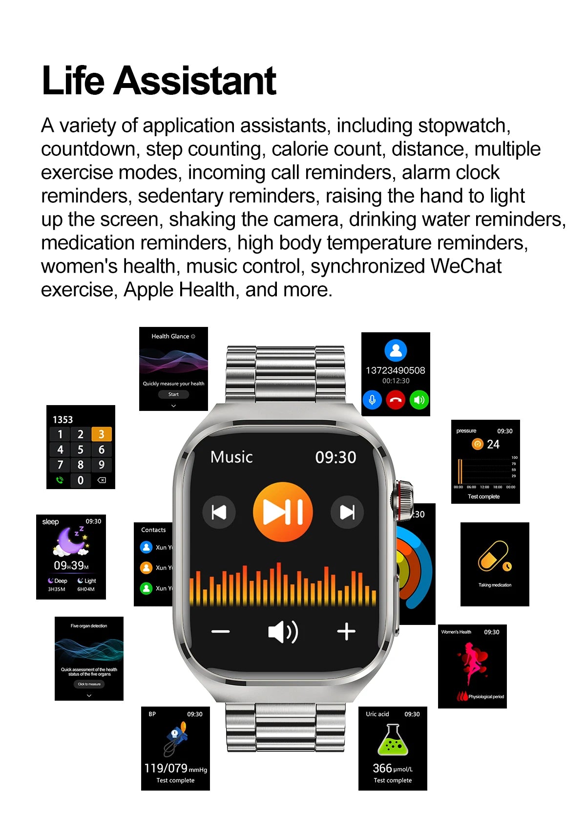 I YAN micro physical examination smartwatch for men, displaying health metrics, uric acid, body fat, and Bluetooth call features.