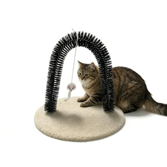 I YAN cat arch grooming brush with solid wood scratching pad, rubbing post, and mini mouse toy for pet scratching and grooming.