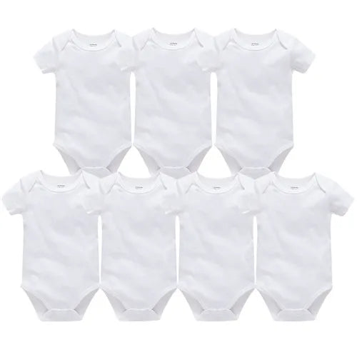 Set of solid white cotton baby bodysuits for boys and girls, short sleeve jumpsuits by I YAN for ages 0-24 months.