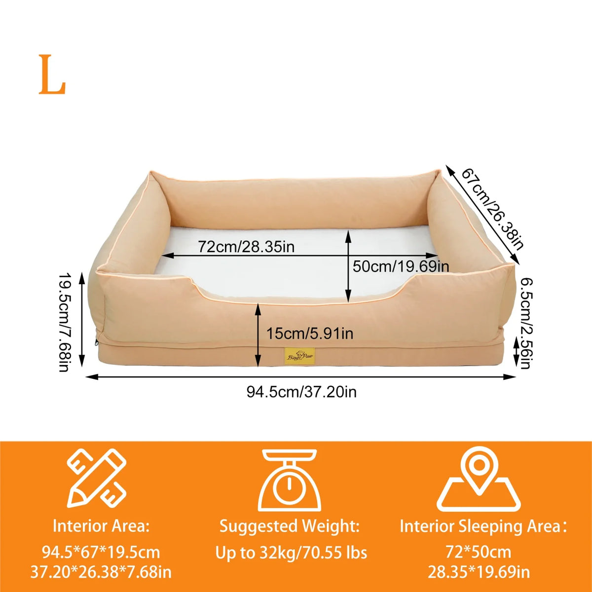 Orthopedic dog bed by I YAN with foam base, bolster sides, waterproof lining, removable cover, in M/L/XL/2XL/3XL sizes.
