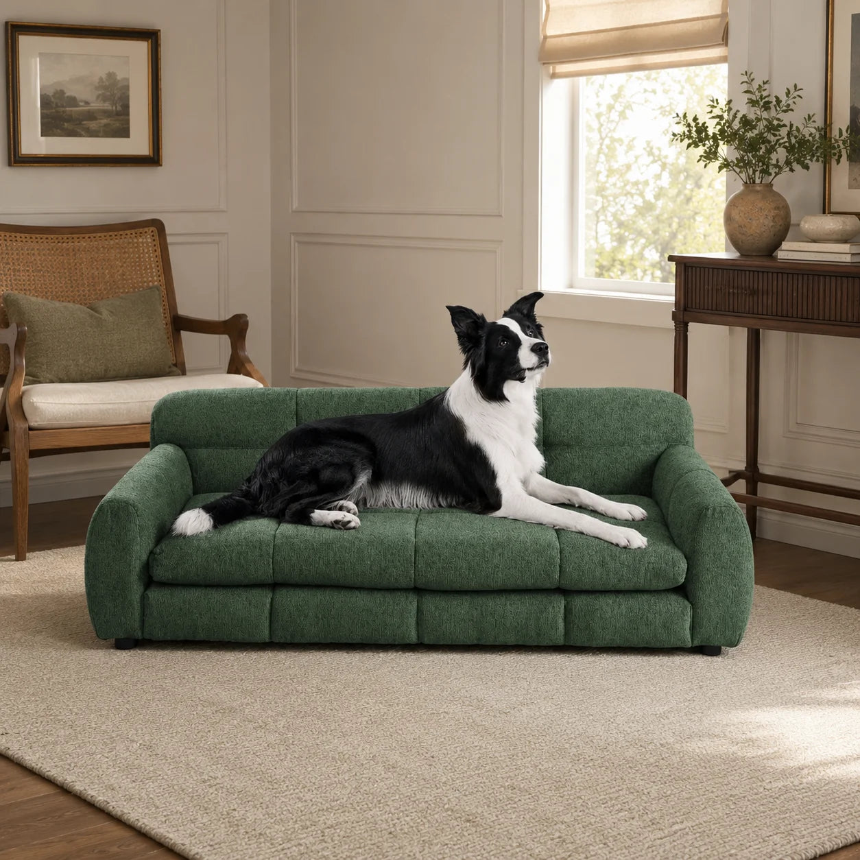 Olive Green Oversized Dog Sofa Bed for Large and Extra Large Dogs, Upholstered Linen Pet Couch with Supportive Armrests and Backrest, Low Stable Legs, Comfortable Elevated Furniture-Style Bed for Living Room, Bedroom and Indo