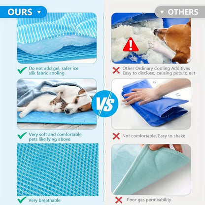 Portable I YAN pet cooling gel mat for dogs and cats, scratch-resistant and designed to keep pets cool during summer.