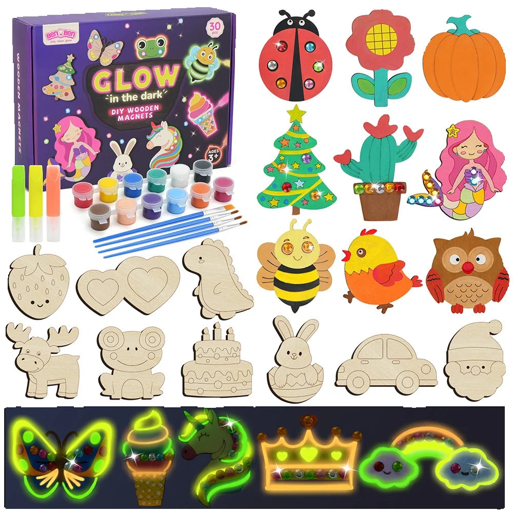 DIY wooden magnets craft kit for kids by I YAN, includes glow-in-the-dark paint and supplies for fun arts and Christmas party favors.