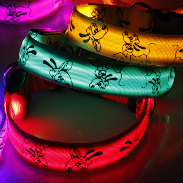 Bright LED dog collar by I YAN with luminous glow, nylon safety collar for night visibility and electronic pet safety.