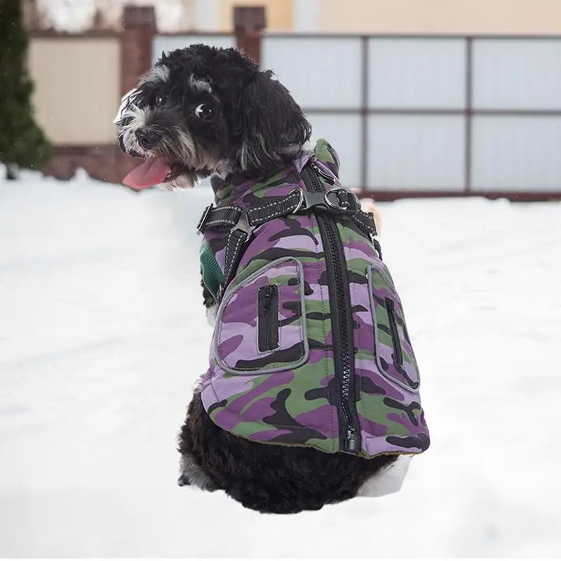 Reflective waterproof winter dog vest with built-in harness, warm pet jacket for puppies, I YAN brand, suitable for cold weather.