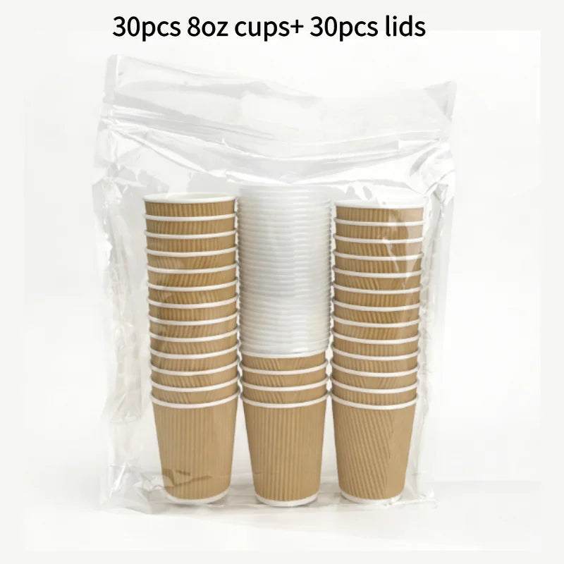 30pcs 8oz  Double-Walled Insulated Corrugated Cardboard Coffee Cups Thickened Disposable Striped Portable Paper Cups With Lids