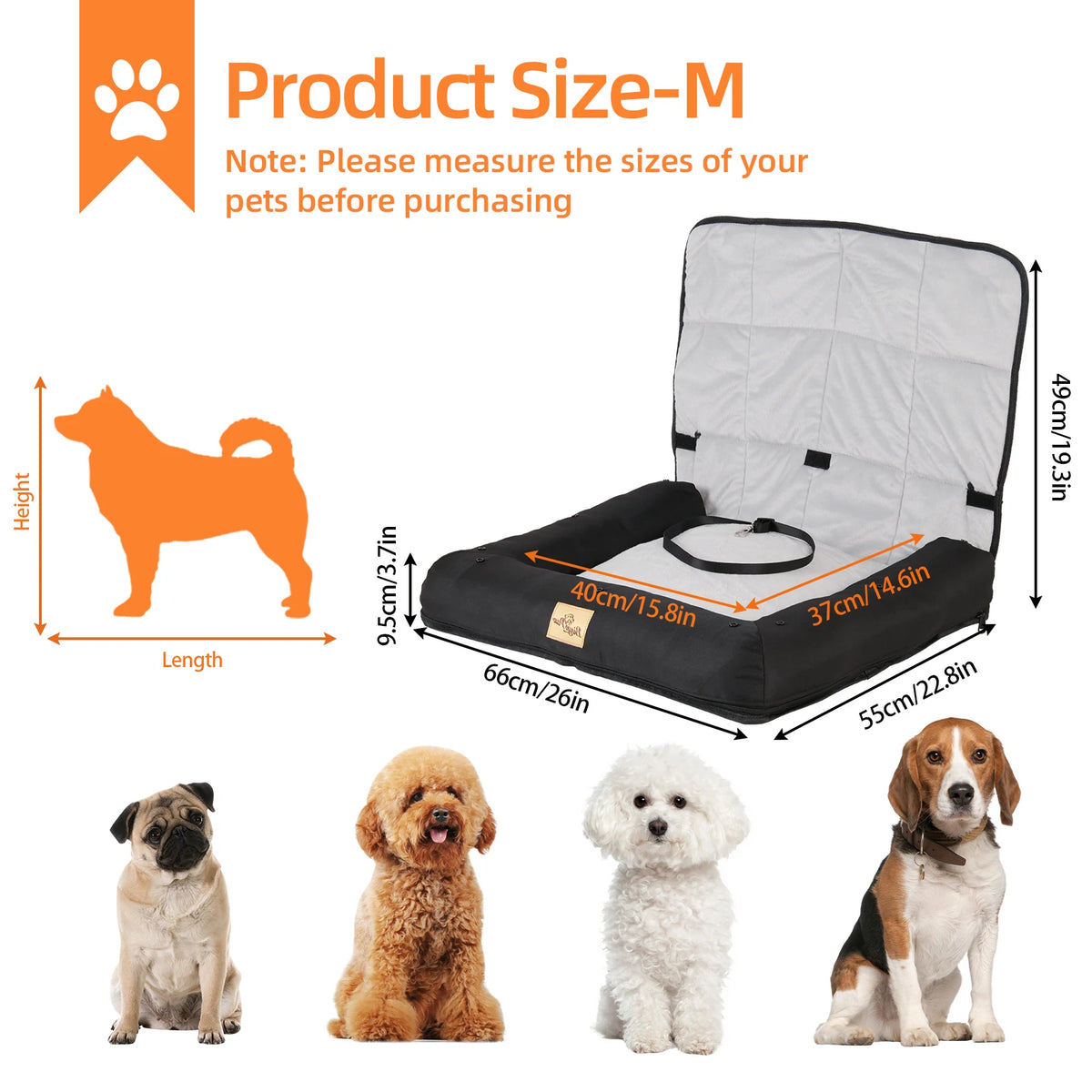 Dog car seat bed by I YAN, waterproof pet cushion with removable cover, safety belt, available in three sizes.