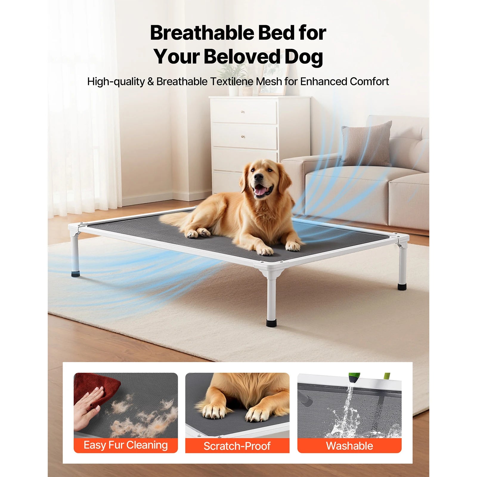 Elevated Dog Bed for Large Dogs, Portable Raised Pet Cot with Sturdy Frame and Breathable Mesh, Indoor & Outdoor Cooling Hammock