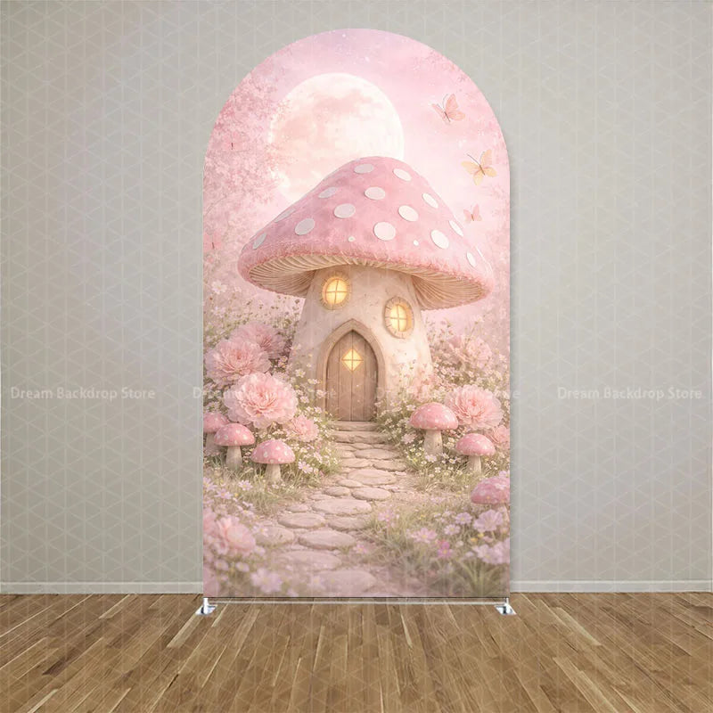 Custom Double-sided Wonderland Fairy Mushroom Butterfly Arch Backdrop Cover Girls Birthday Party Baby Shower Decor Background